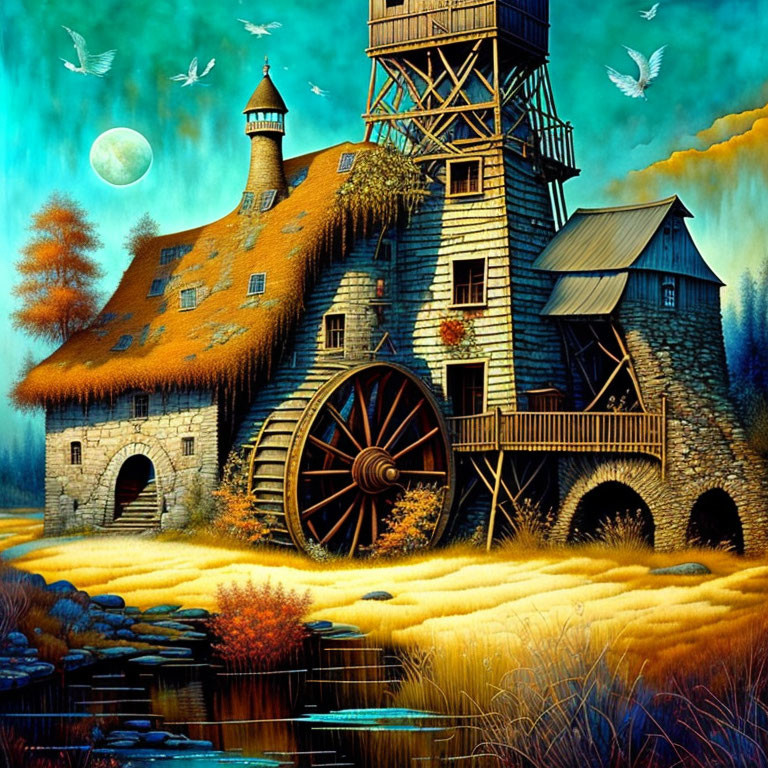 Old Watermill Illustration in Golden Field under Twilight Sky