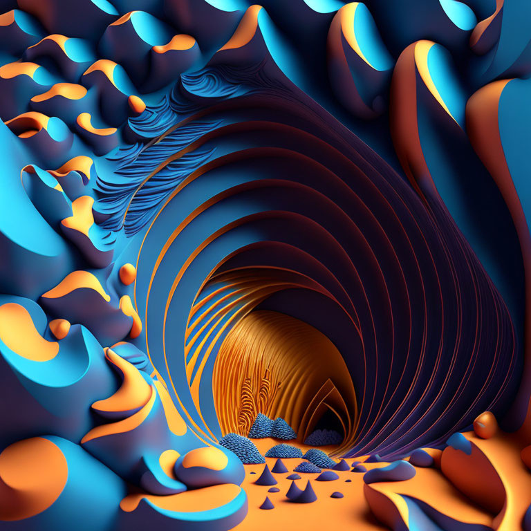 Colorful digital art: Surreal tunnel with blue and orange abstract forms