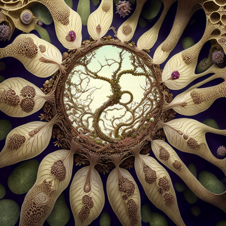 Detailed Fractal-Inspired Art: Circular Tree Motif with Botanical Patterns