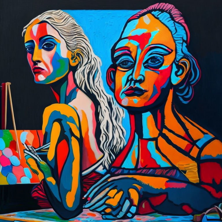 Vibrant Cubist Painting of Two Women with Colorful Skin Tones