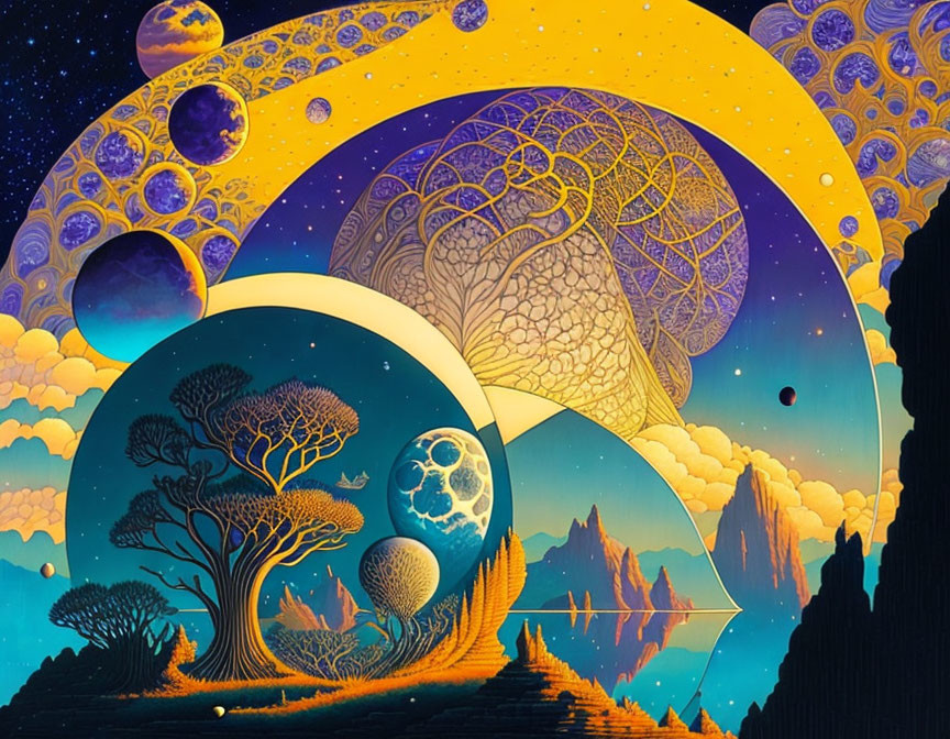 Colorful surreal landscape with stylized trees and multiple moons