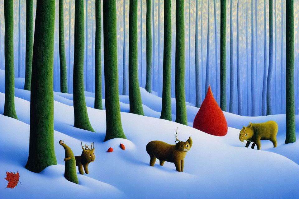 Winter forest scene with stylized deer, snow-covered trees, red leaf, and scattered red berries