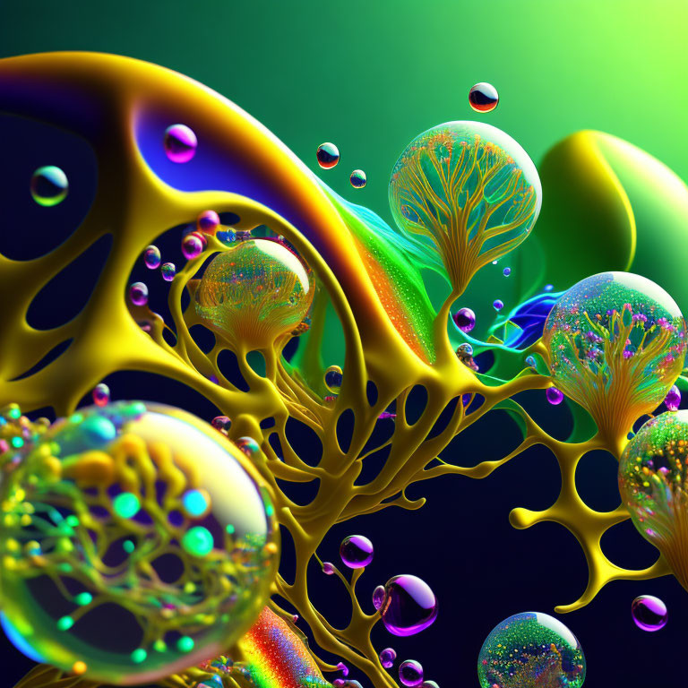 Colorful 3D Render: Spherical Structures, Fractal Trees, and Bubbles on Abstract