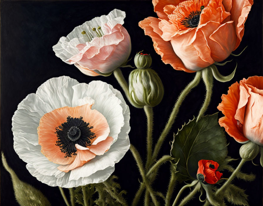 Detailed Painting: Blooming Poppies in Various Stages on Black Background