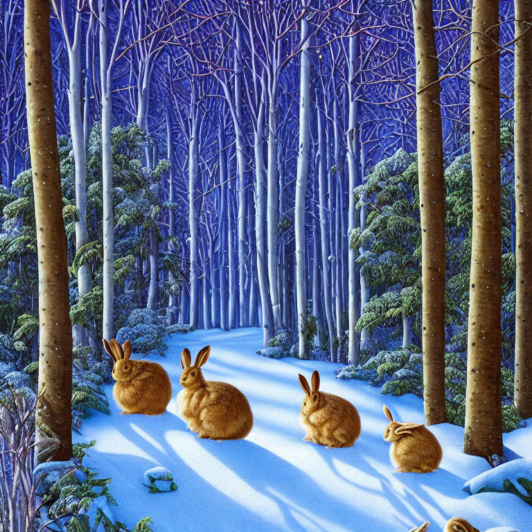 Three rabbits in snowy forest with blue-tinted trees, creating serene winter scene