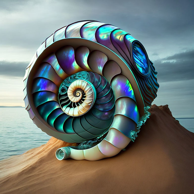 Colorful Nautilus Shell on Sandy Shore at Twilight