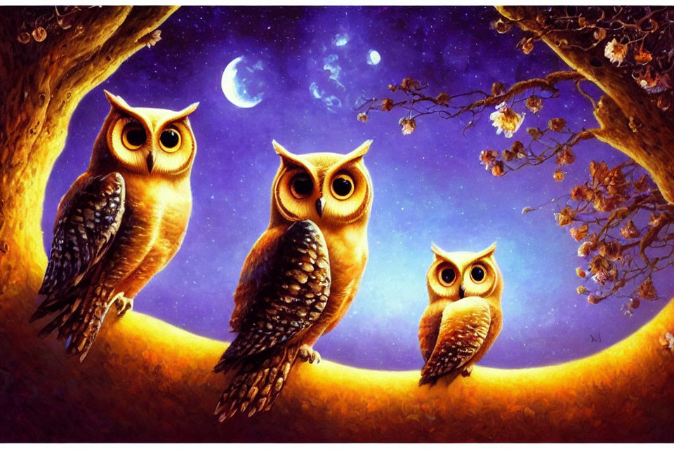 Stylized owls on branch under starry sky with crescent moon in warm autumnal colors