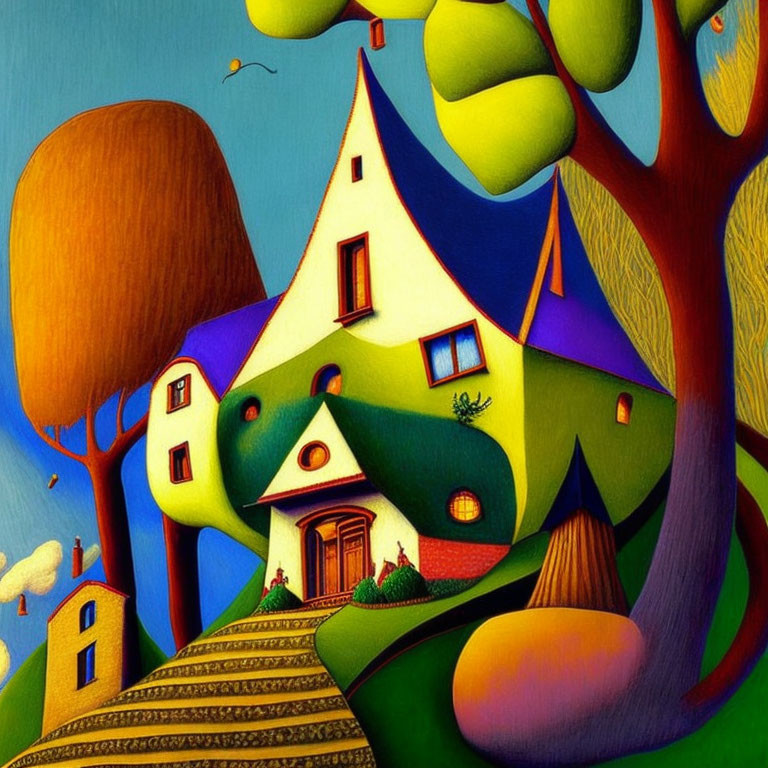 Whimsical, colorful painting of distorted fantasy house and vibrant landscape