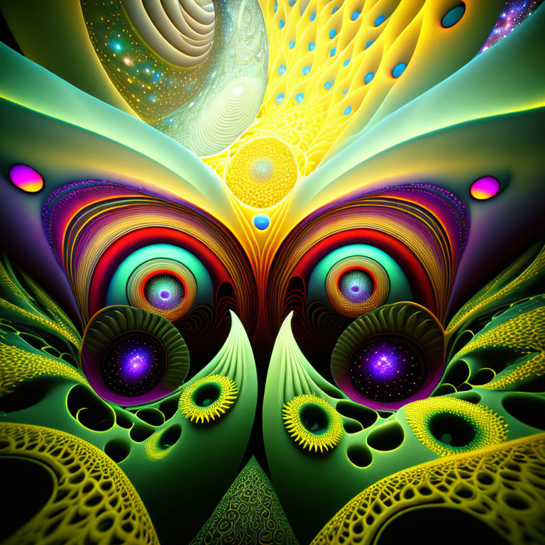 Colorful Butterfly Fractal Art with Green, Yellow, and Purple Patterns