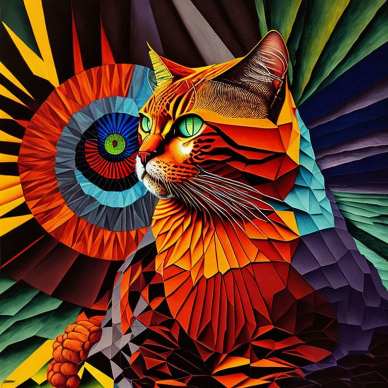 Vibrant Geometric Cat Artwork with Kaleidoscopic Pattern