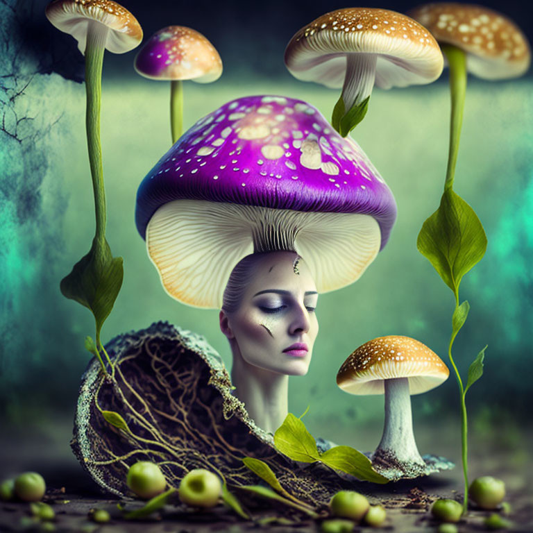 Surreal portrait with mushroom head in misty forest