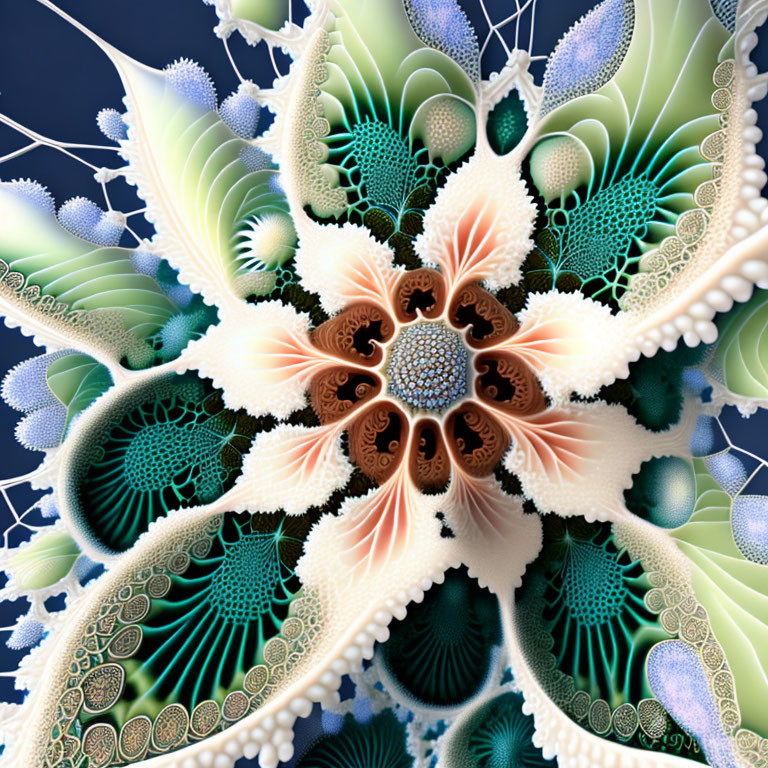 Intricate Floral Fractal Image with Green, Blue, Brown, and White Patterns