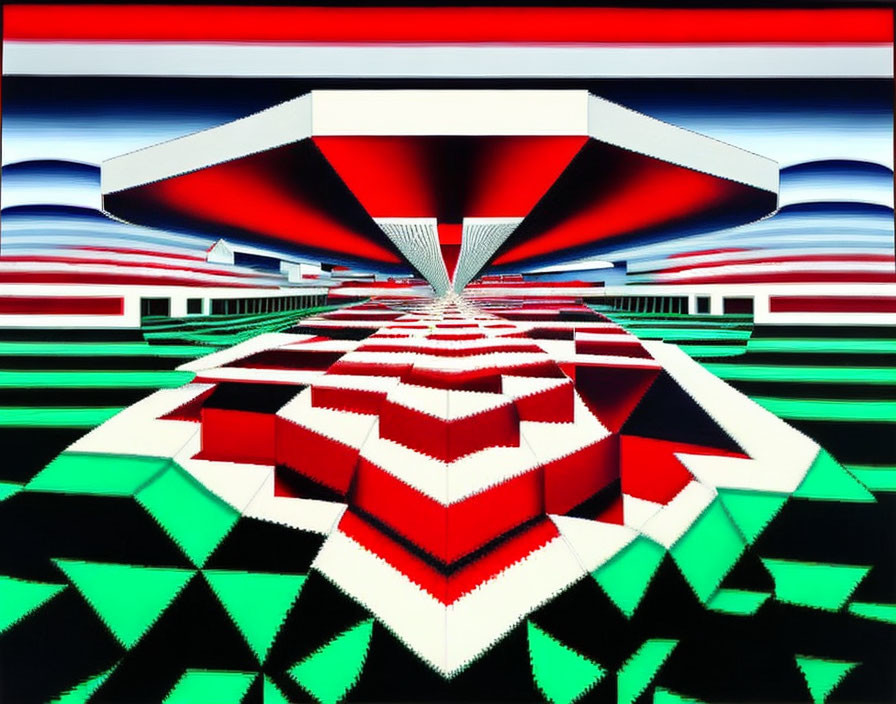 Symmetrical geometric abstract design in red, white, black, and green