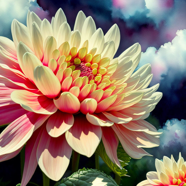 Coral-pink Dahlia Flower with White Tips on Green Leaves Background