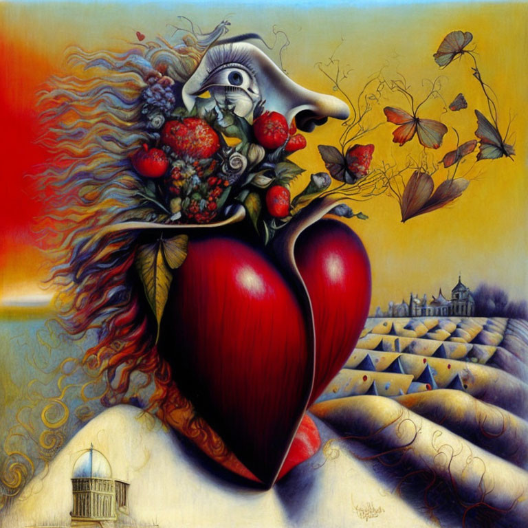 Surreal painting: Heart-shaped object, eye, strawberries, butterflies, wavy landscape