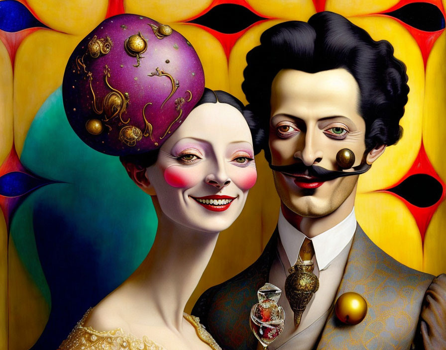 Colorful surreal portrait of a smiling couple with exaggerated features and ornate headgear.