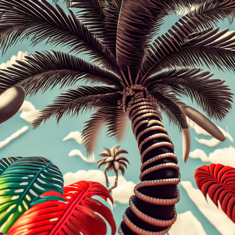 Spiral trunk palm trees under blue sky with tropical leaves