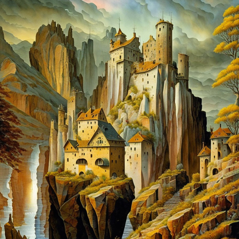 Grand castle on rugged cliffs in fantastical landscape