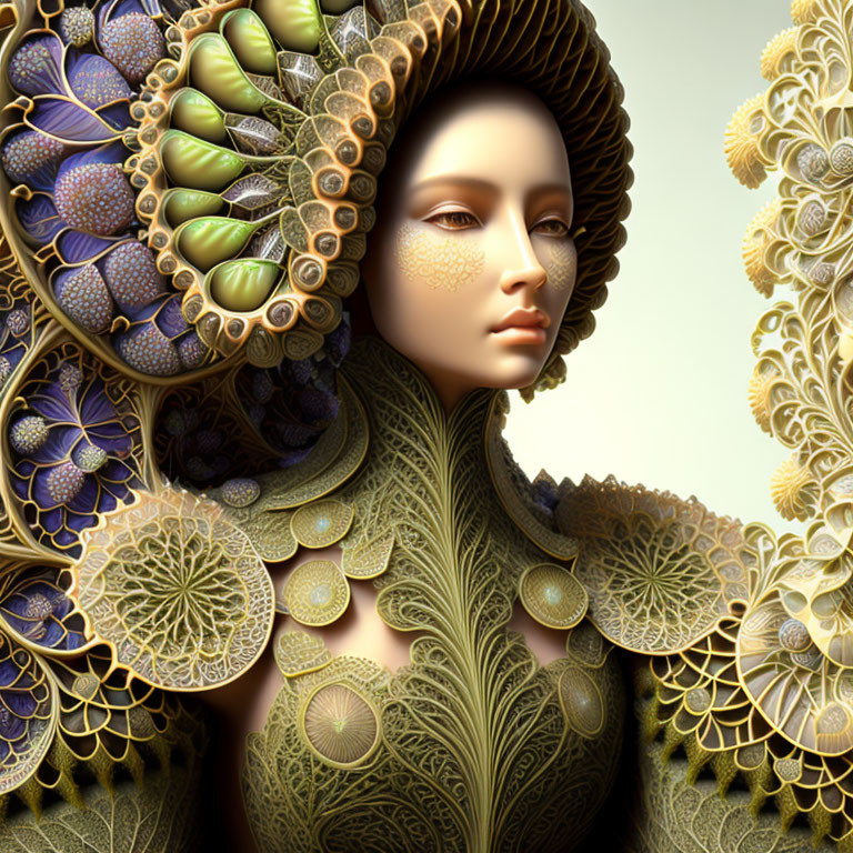 Intricate fractal-like patterns on woman in green, purple, and gold.