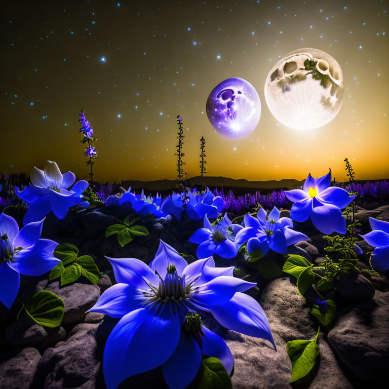 Surreal nighttime landscape with glowing blue flowers and two moons