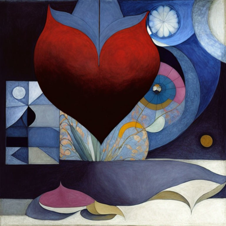 Vibrant abstract painting with red heart-like shape amidst geometric and fluid forms in blue, white,