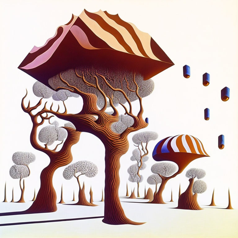 Stylized surreal painting of intertwined trees with striped canopies and floating blue cubes