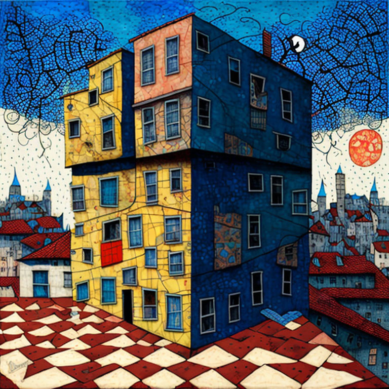 Colorful whimsical illustration: Twisted multi-story building with checkered ground and crescent moon in