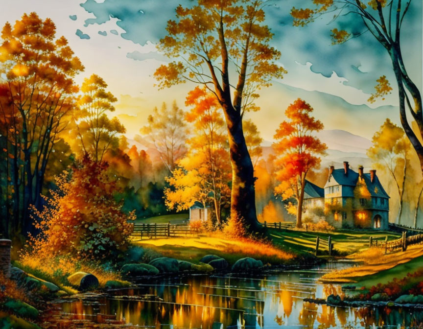 Vibrant autumn trees by tranquil river with cozy cottage at dusk