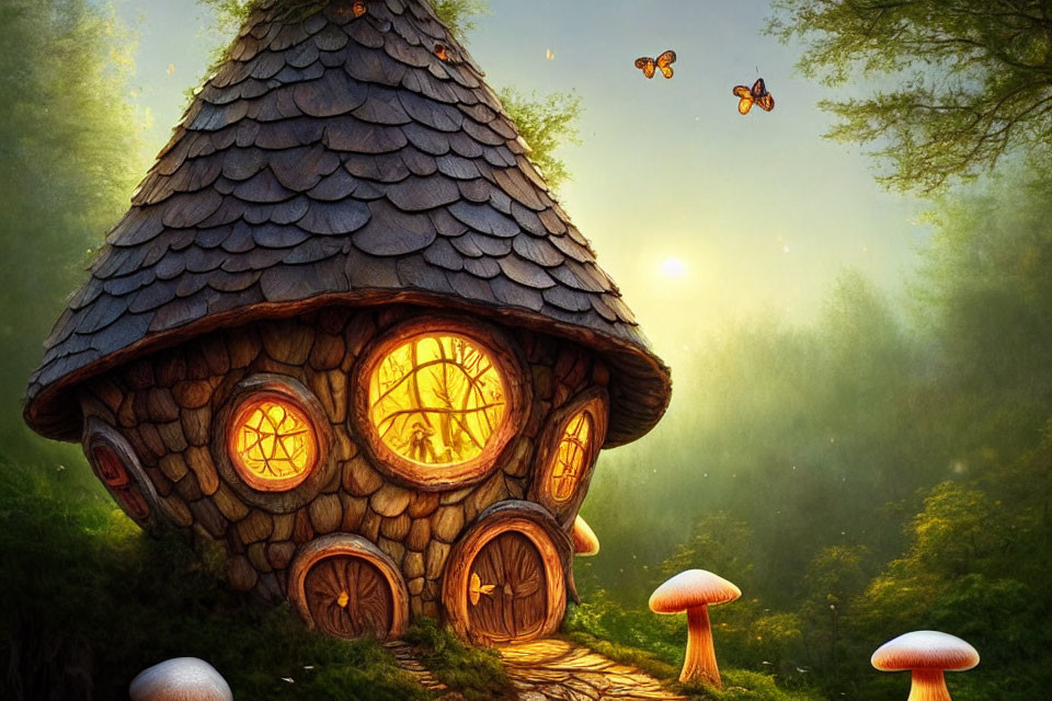 Whimsical mushroom house in sunlit forest with glowing windows