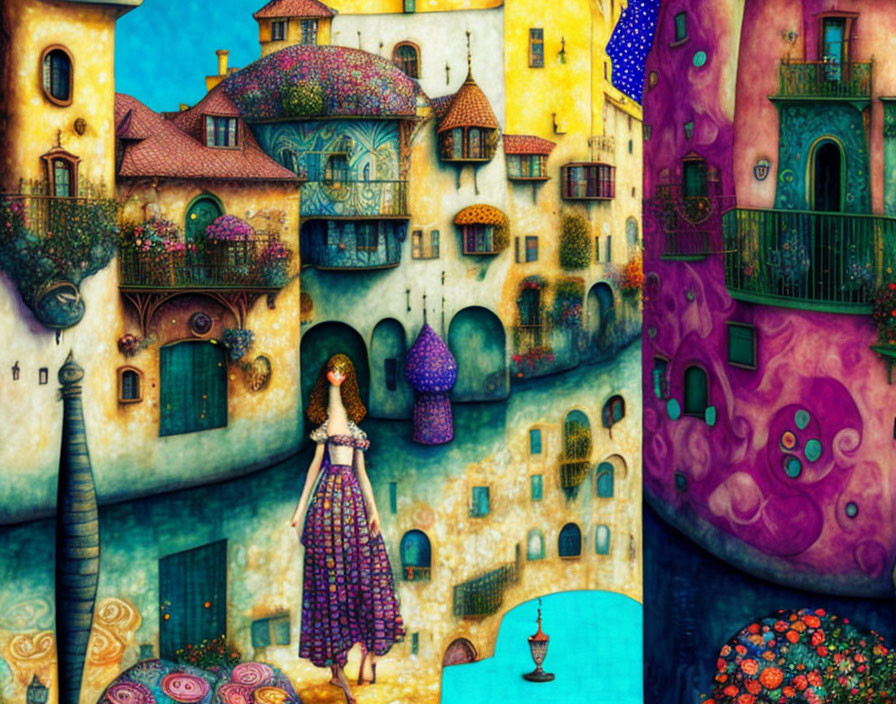 Colorful illustration: Woman in dress overlooking canal in unique village