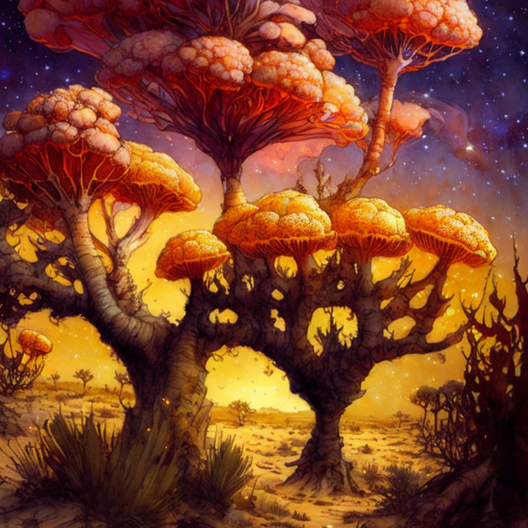 Fantasy landscape with oversized mushroom-like trees at dusk