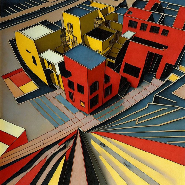 Geometric abstract art: Red and yellow buildings with intersecting lines