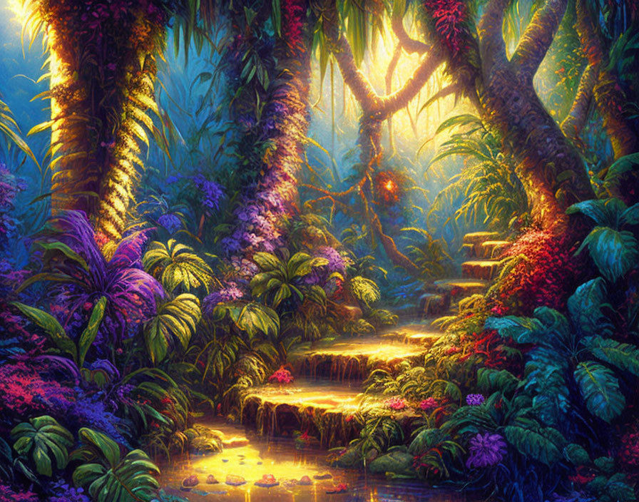 Lush Jungle Scene with Colorful Flowers and Water Feature