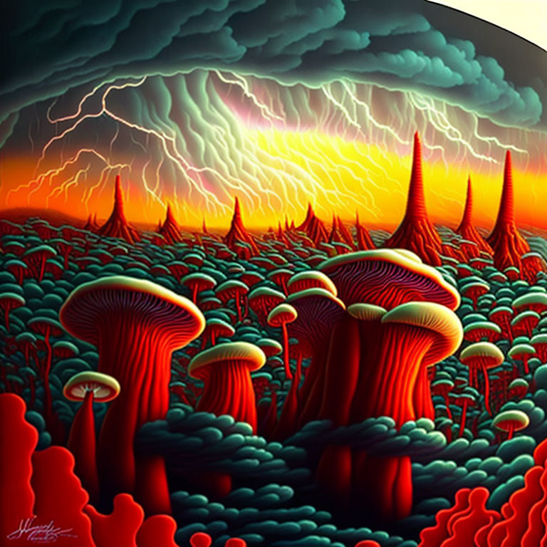 Surreal digital painting: oversized red mushrooms under dramatic sky