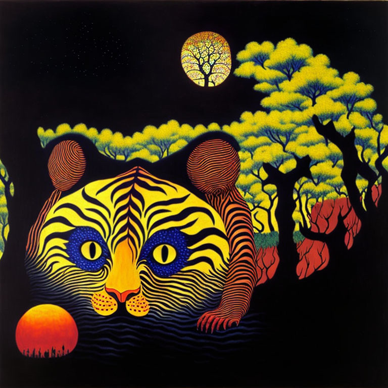 Colorful Tiger Face Painting in Forest Setting with Moon and Stars