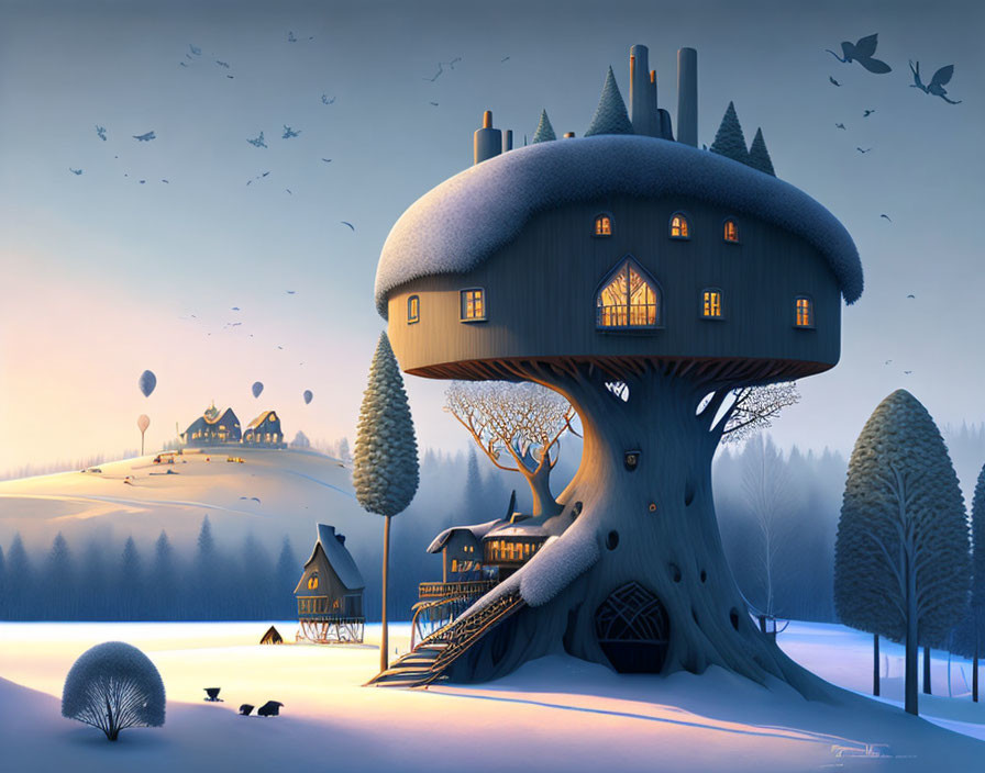 Whimsical winter treehouse with warm lights and hot air balloons