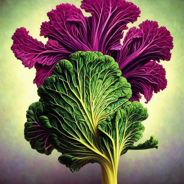 Detailed Illustration of Green and Purple Ornamental Cabbage