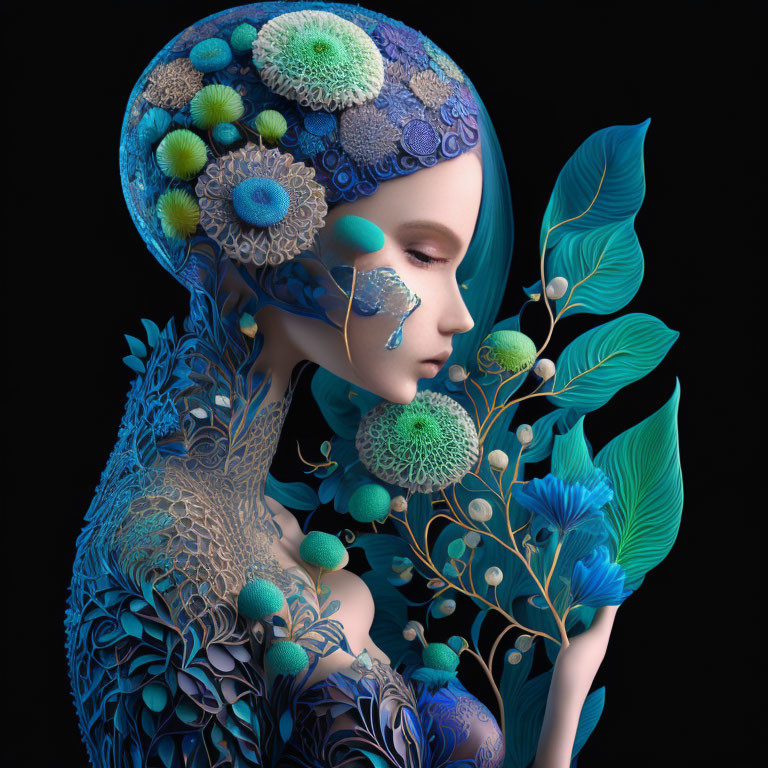 Surreal portrait of woman with floral and ornate body design in blue and green.