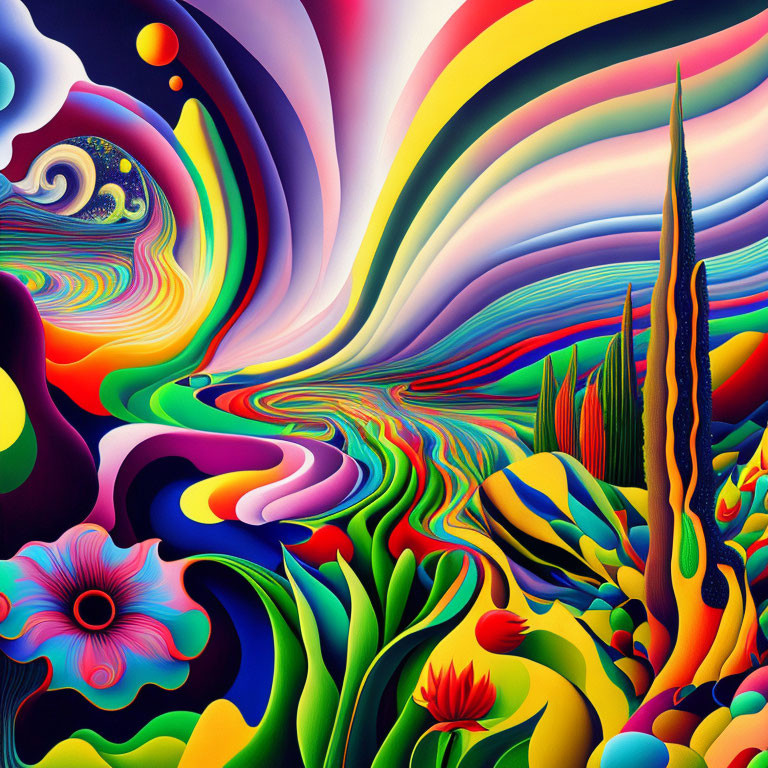 Colorful Psychedelic Artwork with Swirling Patterns and Organic Motifs