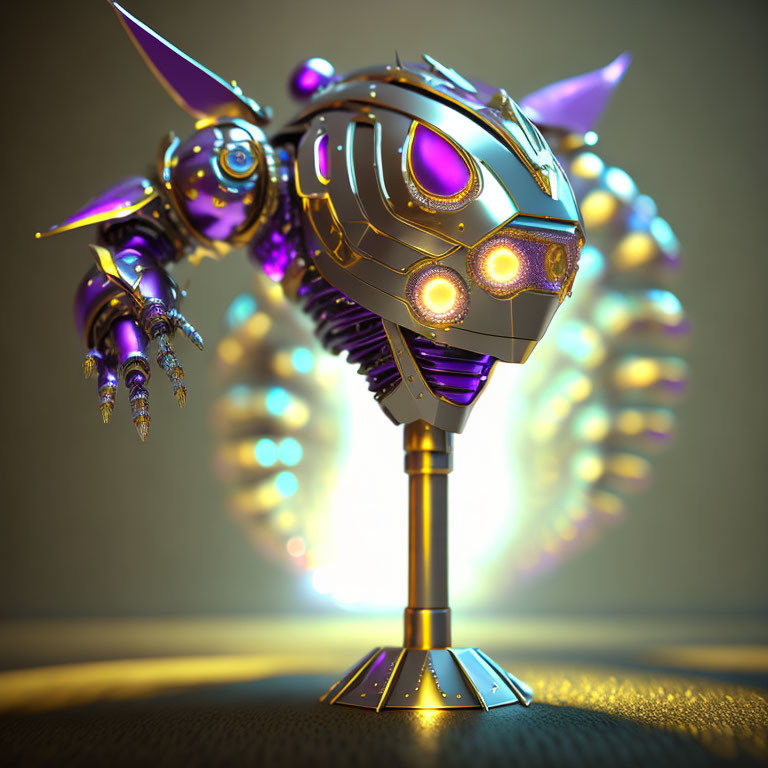 Intricate purple and gold robotic head on pedestal with glowing elements