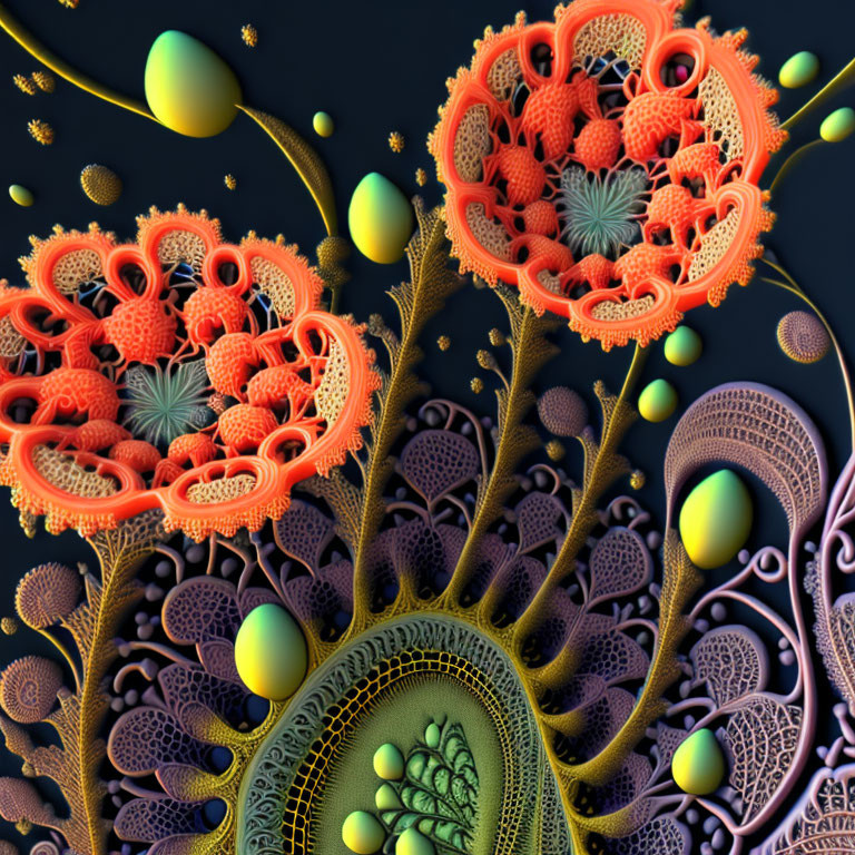 Fractal patterns in vibrant digital art: coral-like structures and spherical shapes in orange surreal composition