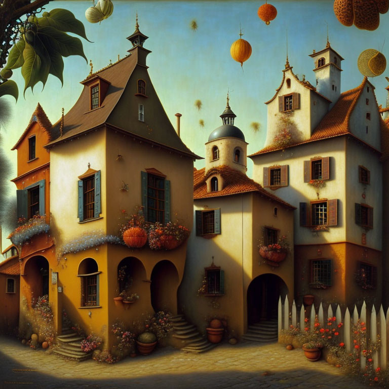 Whimsical surreal village with interconnected houses and floating lanterns