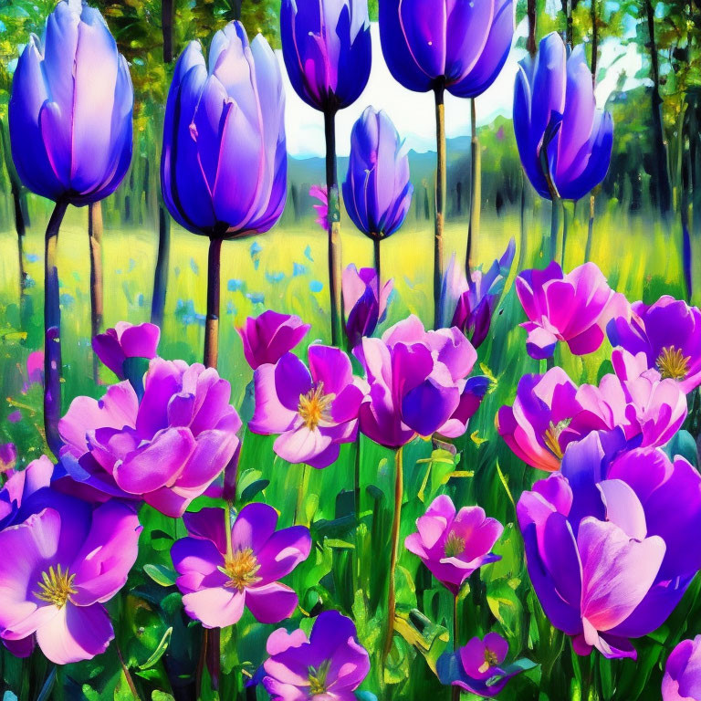 Colorful blooming flowers in lush meadow with greenery