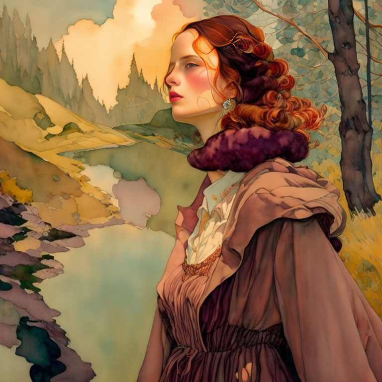 Red-haired woman in vintage attire amid stylized forest - contemplative aura