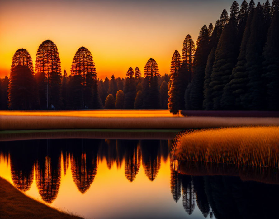 Tranquil sunset over still lake with silhouetted trees