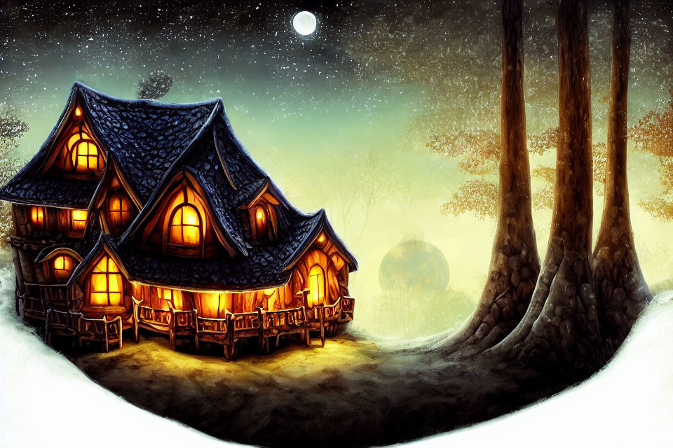 Cozy cottage in forest clearing under starry sky