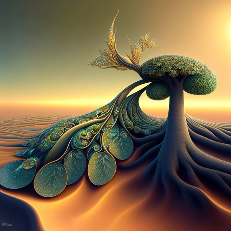 Surreal tree with peacock feather-like leaves in desert landscape