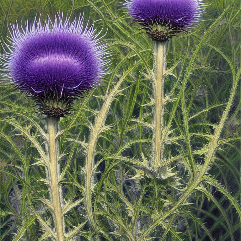 Purple Thistle Flowers with Spiky Leaves on Green Foliage