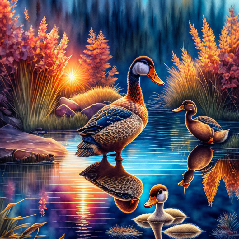 Ducks by serene lake at sunset with reflections and colorful flora