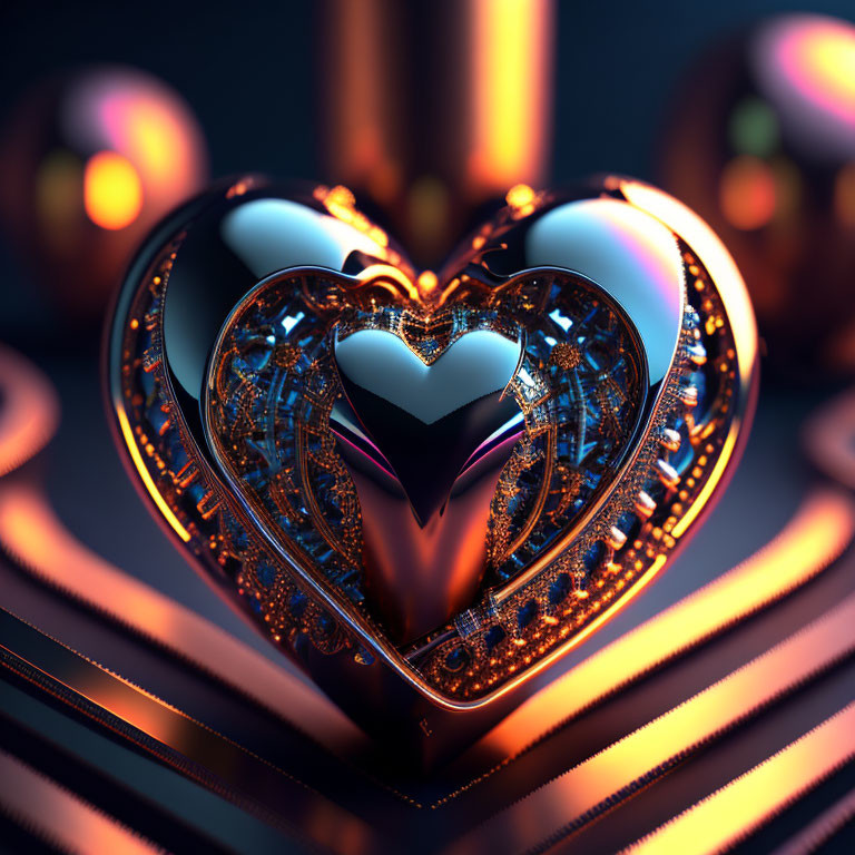 Intricate metallic heart on reflective surface with warm glow